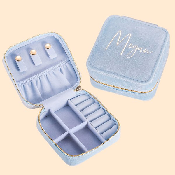100% Italian Velvet Portable Jewelry Case - Embroidered Name Box