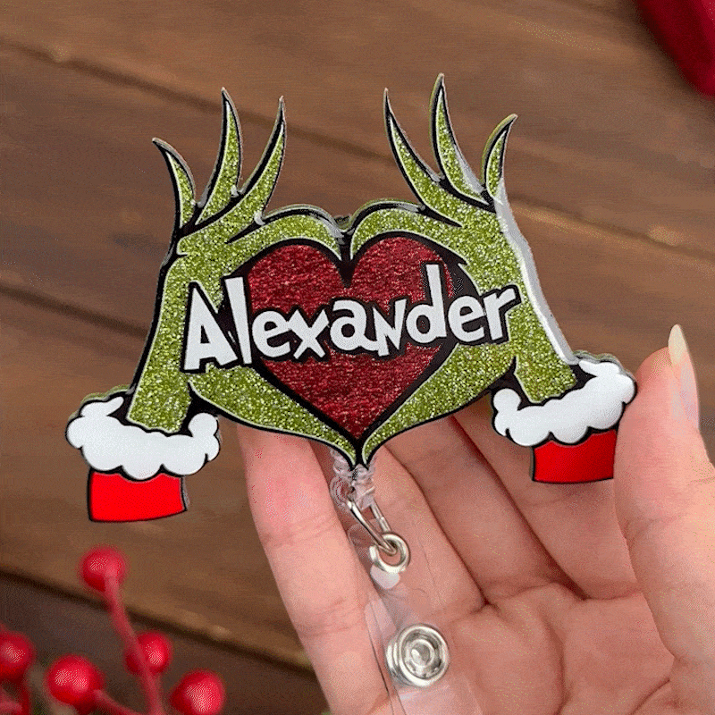 Personalizzato Glitter verde mostro mano cuore retrattile Badge Reel ID Clip Natale regalo divertente per i fan del mostro medico infermiere