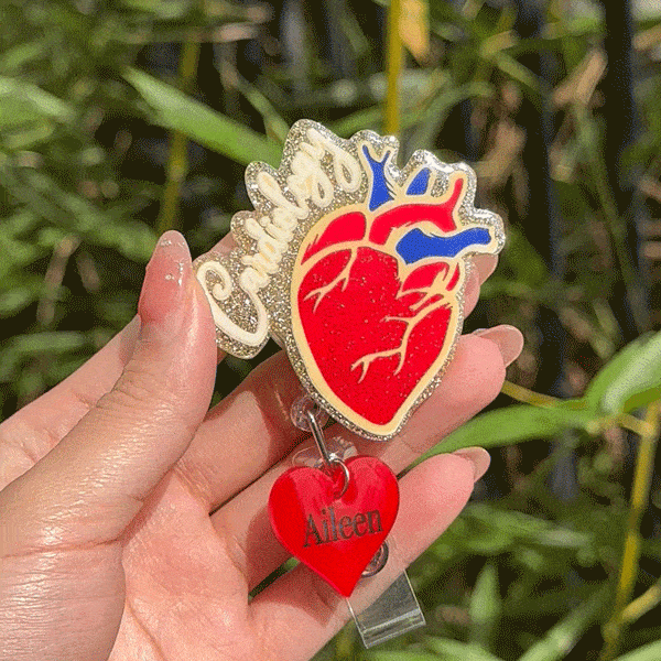 Personalised Glitter Anatomical Heart Retractable Badge Reel with Name and Badge Buddy Appreciation Birthday Gift for Nurse Doctor Medical Staff