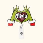 Personalizzato Glitter verde mostro mano cuore retrattile Badge Reel ID Clip Natale regalo divertente per i fan del mostro medico infermiere