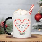 Personalisierte Liebe Sie zum Nordpol & zurück Becher mit Zuckerstange Design und Name Weihnachtsgeschenk für Familie Paare
