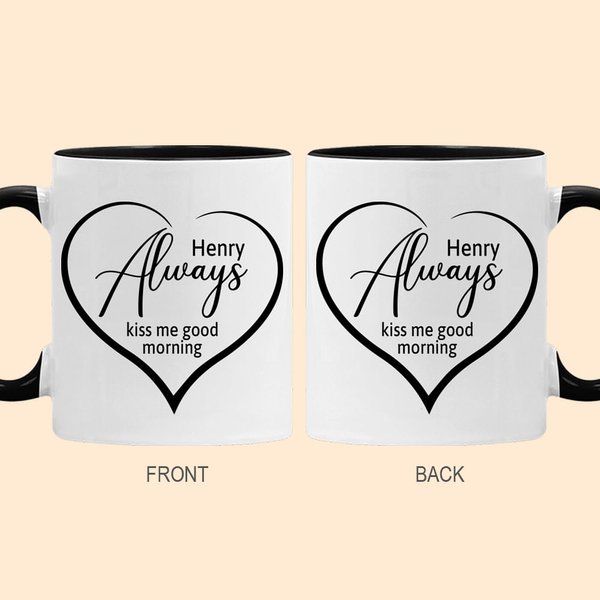 Personalisierte Kiss Me Good Morning Kaffeebecher mit Namen Jahrestag Valentinstag für Paare