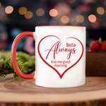 Taza de café personalizada 'Kiss Me Good Morning' con nombre para aniversario o Día de San Valentín para parejas