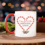 Personalisierte Liebe Sie zum Nordpol & zurück Becher mit Zuckerstange Design und Name Weihnachtsgeschenk für Familie Paare