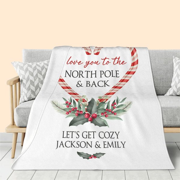 Couverture polaire personnalisée Love You to the North Pole & Back avec un coeur en forme de canne à sucre Cadeau de Noël pour un couple ou une famill