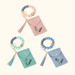 Personalized Birth Flower Wristlet Wallet Bracelet Keychain with Beads Tassels and Card Holder Birthday Mother's Day Gift for Her