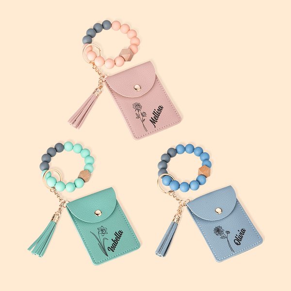 Personalized Birth Flower Wristlet Wallet Bracelet Keychain with Beads Tassels and Card Holder Birthday Mother's Day Gift for Her