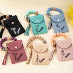 Personalized Birth Flower Wristlet Wallet Bracelet Keychain with Beads Tassels and Card Holder Birthday Mother's Day Gift for Her