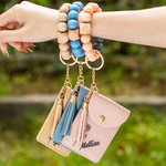 Personalized Birth Flower Wristlet Wallet Bracelet Keychain with Beads Tassels and Card Holder Birthday Mother's Day Gift for Her