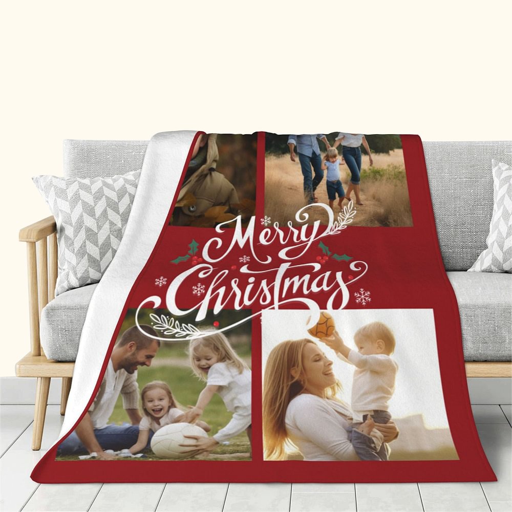 Couverture Douce Personnalisée avec Collage de 4 Photos Multicolore Decoration Maison en Polaire ou Sherpa Cadeau de Noël  pour la Famille