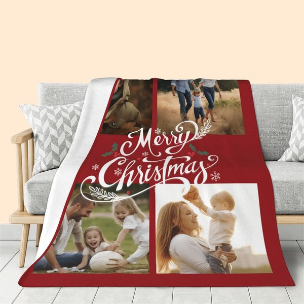 Personalisierte „Merry Christmas“  Weiche Decke mit 4 Fotos Haus Deko Weihnachtsgeschenk für Familie Freunde