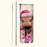 Personalised Pink Floral Highland Cow 20oz Skinny Tumbler with Name Christmas Gift for Women Girls Highland Cow Lover