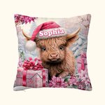 Vaca Highland Floral Rosa Personalizada Funda Almohada Decoración Hogar con Nombre Regalo de Navidad para Mujer Niña Amante de la Vaca Highland