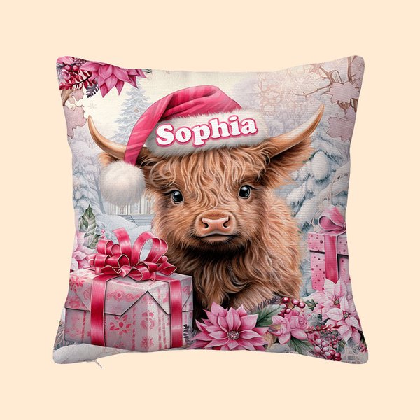 Vaca Highland Floral Rosa Personalizada Funda Almohada Decoración Hogar con Nombre Regalo de Navidad para Mujer Niña Amante de la Vaca Highland