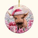 Vaca Highland rosa floral personalizada Adorno de cerámica con nombre para colgar Regalo de Navidad para la familia Amante de las vacas Highland