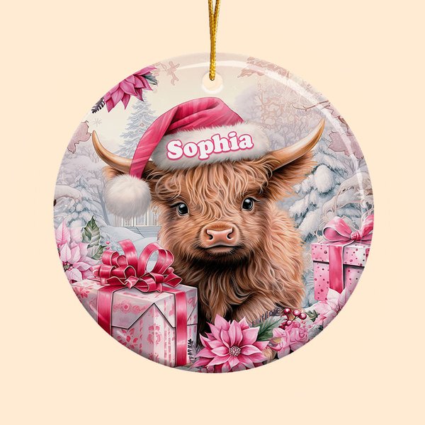Vaca Highland rosa floral personalizada Adorno de cerámica con nombre para colgar Regalo de Navidad para la familia Amante de las vacas Highland
