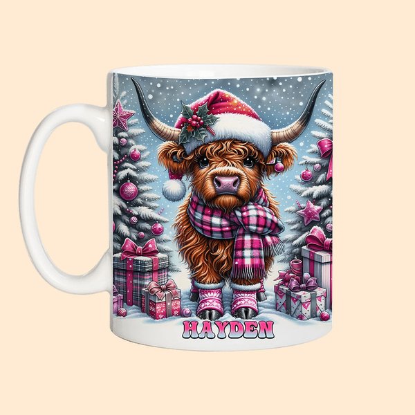 Cartoon Christmas Highland Cow Mug with Name