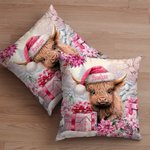 Vaca Highland Floral Rosa Personalizada Funda Almohada Decoración Hogar con Nombre Regalo de Navidad para Mujer Niña Amante de la Vaca Highland
