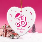 Personalized Retro Dolly Font Santa Hat Alphabet Heart Shape Ceramic Ornament with Name Year Christmas Gift for Kid Friend