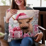 Vaca Highland Floral Rosa Personalizada Funda Almohada Decoración Hogar con Nombre Regalo de Navidad para Mujer Niña Amante de la Vaca Highland