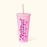Personalized Reusable Pink Doll Inspired 24oz Tumbler with Lid Straw Holographic Sticker Name Cup Birthday Gift for Her