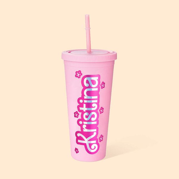 Personalized Reusable Pink Doll Inspired 24oz Tumbler with Lid Straw Holographic Sticker Name Cup Birthday Gift for Her