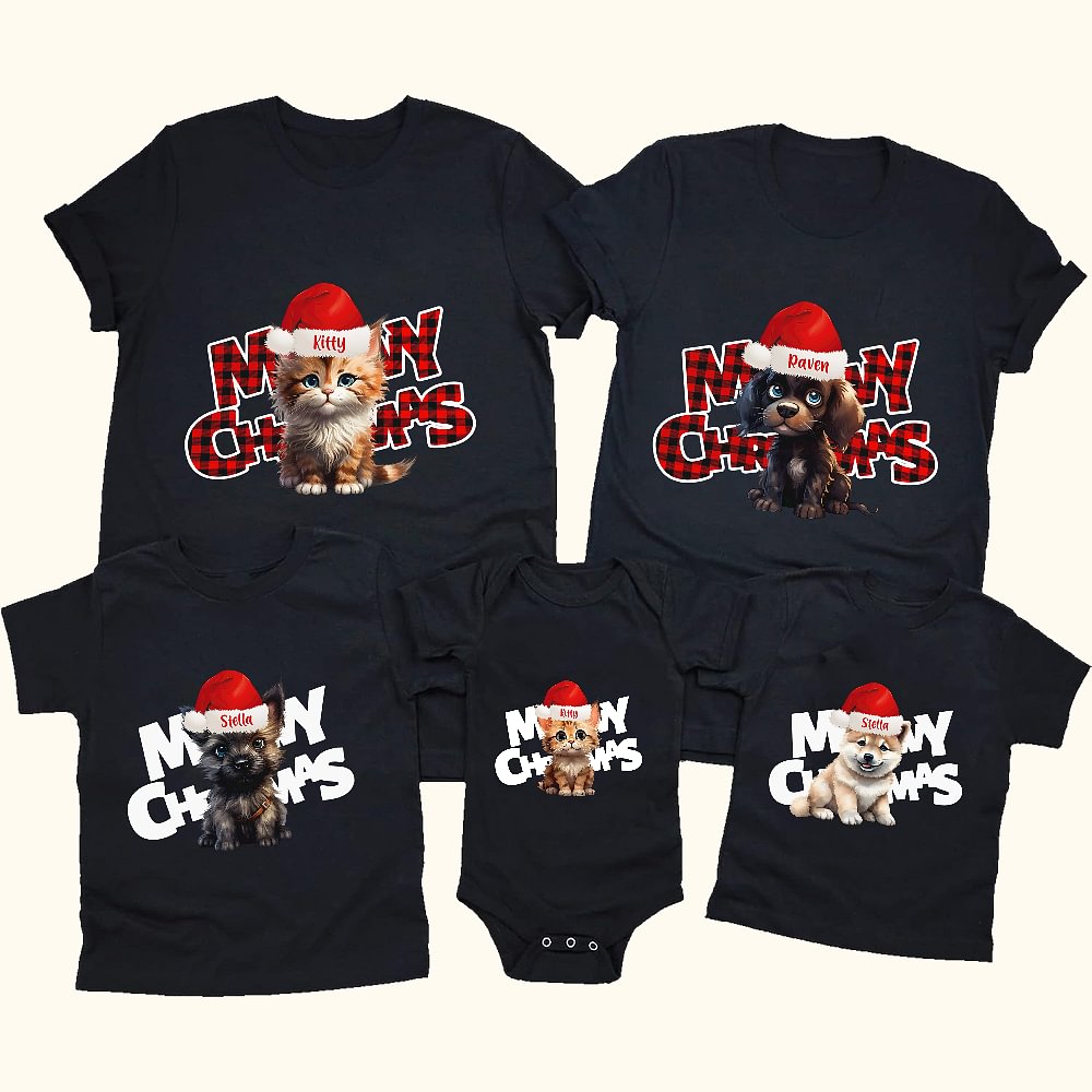 T-shirt de Noël personnalisé Meowy Bébé Onesie Bonnet de Père Noël Costume de famille Parents-enfants Cadeau de Noël pour enfant Nouveau parent Amoureux de l'animal de compagnie