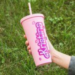 Personalized Reusable Pink Doll Inspired 24oz Tumbler with Lid Straw Holographic Sticker Name Cup Birthday Gift for Her