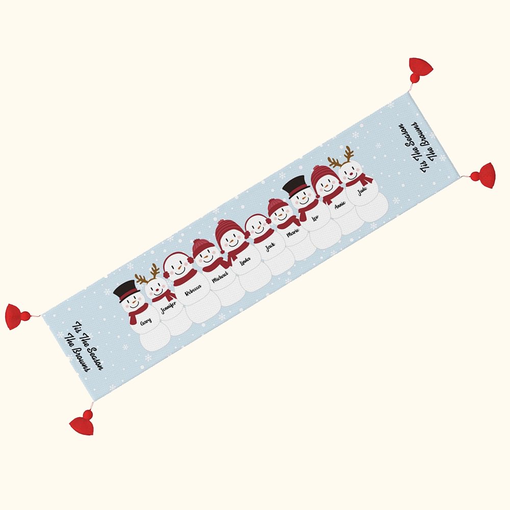 Nappe Bonhomme de Neige Personnalisée avec Nom et Pompon Double Face Décoration de Salle à Manger Cadeau de Noël pour la Famille
