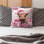 Vaca Highland Floral Rosa Personalizada Funda Almohada Decoración Hogar con Nombre Regalo de Navidad para Mujer Niña Amante de la Vaca Highland