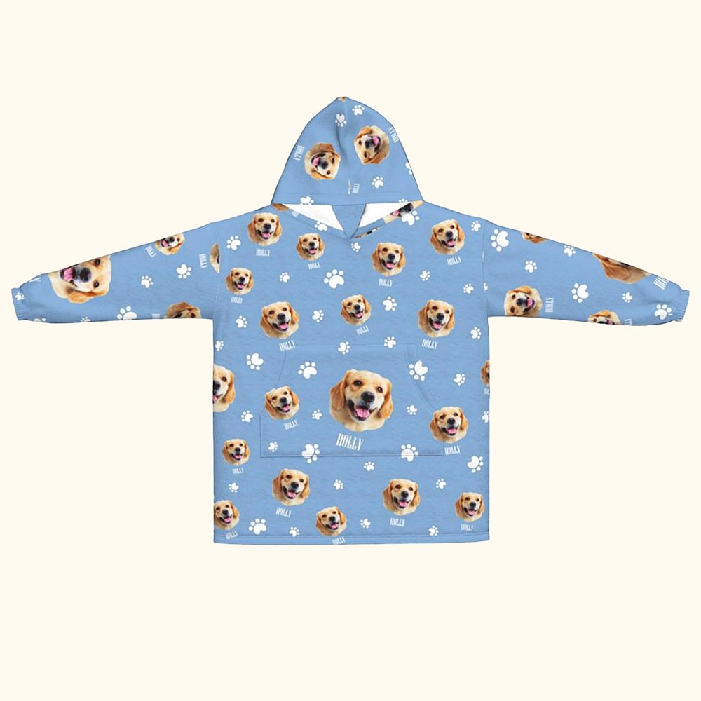 Couverture à Capuche en Flanelle Personnalisée avec Nom Portrait d'Animal de Compagnie et Motif de Patte Os Cadeau Anniversaire pour Amoureux d'Animal