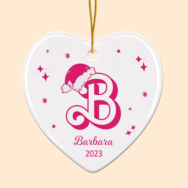 Personalized Retro Dolly Font Santa Hat Alphabet Heart Shape Ceramic Ornament with Name Year Christmas Gift for Kid Friend