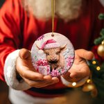 Vaca Highland rosa floral personalizada Adorno de cerámica con nombre para colgar Regalo de Navidad para la familia Amante de las vacas Highland