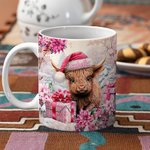 Tazza personalizzata in ceramica rosa floreale con mucca Highland con nome Regalo di Natale per donne ragazze amanti delle mucche Highland