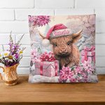 Vaca Highland Floral Rosa Personalizada Funda Almohada Decoración Hogar con Nombre Regalo de Navidad para Mujer Niña Amante de la Vaca Highland