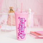 Personalized Reusable Pink Doll Inspired 24oz Tumbler with Lid Straw Holographic Sticker Name Cup Birthday Gift for Her
