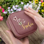 Personalizado Terciopelo Flor de Nacimiento Joyero Portátil Estuche de Viaje con Nombre Cumpleaños Día de la Madre Regalo de Boda para Ella