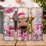 Personalised Pink Floral Highland Cow 20oz Skinny Tumbler with Name Christmas Gift for Women Girls Highland Cow Lover