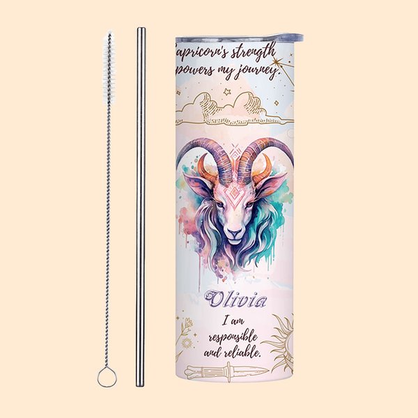 Gepersonaliseerde Zodiac 20oz Skinny Naam Tumbler Sterrenbeeld Affirmatie koffiekop met rietje Verjaardag Verjaardag Astrologie Gift voor Familie Vrie