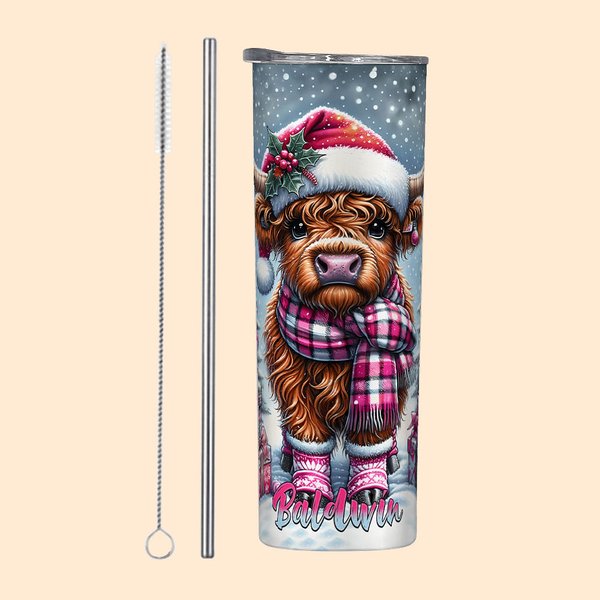 Personalised Santa Hat Baby Highland Cow 20oz Skinny Tumbler with Lid and Straw Christmas Gift for Cow Lovers