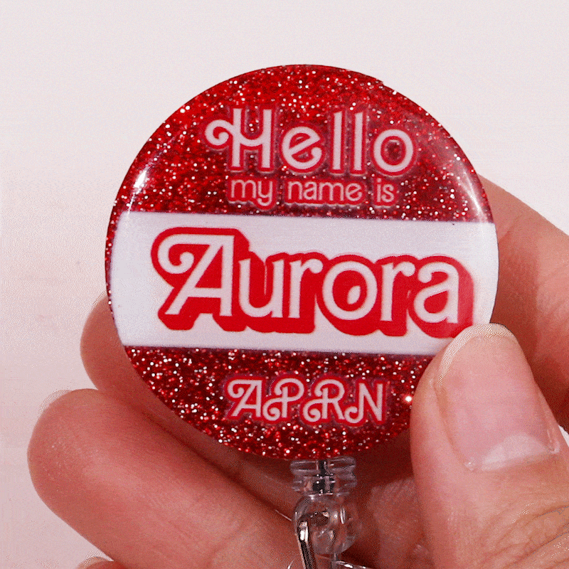 Gepersonaliseerde Hello My Name Is Acryl Badge Reel Candy stijl Glitter ID-kaart intrekbare badge Clip geschenk voor leraar verpleegster roze pop fans