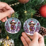 Personalized Pink Cute Highland Cow Christmas Ceramic Ornament with Name Tree Decor Christmas Gift for Family Kids