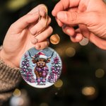 Personalized Pink Cute Highland Cow Christmas Ceramic Ornament with Name Tree Decor Christmas Gift for Family Kids