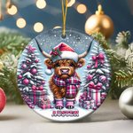 Personalized Pink Cute Highland Cow Christmas Ceramic Ornament with Name Tree Decor Christmas Gift for Family Kids