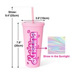 Personalized Reusable Pink Doll Inspired 24oz Tumbler with Lid Straw Holographic Sticker Name Cup Birthday Gift for Her