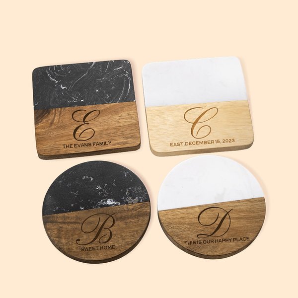Engraved Wood Marble Coaster with Initial