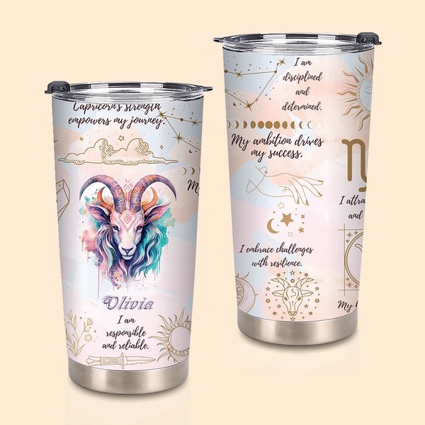 Personalised Zodiac Sign Constellation 20oz Tumbler Affirmation Coffee Cup with Name Birthday Astrology Gift for Family Friend