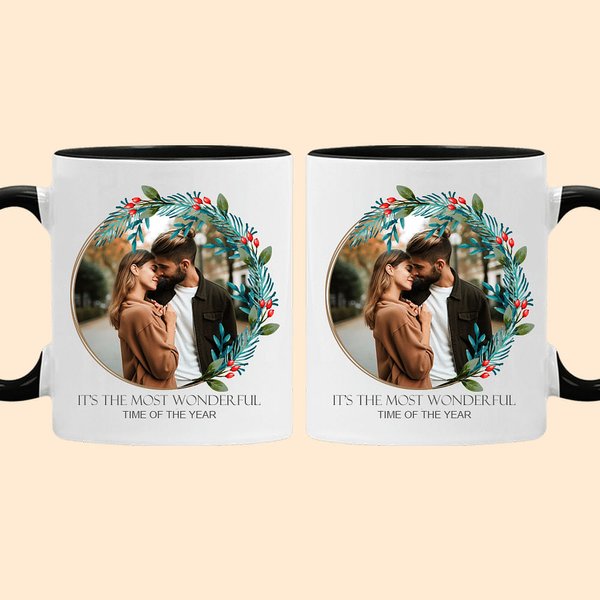 Personalised Wreath Ceramic Mug with Photo and Text 11oz/15oz Coffee Cup Anniversary Valentine's Day Gift for Couple Family