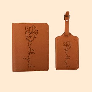 Étiquette de Bagage et Porte-Passeport en Cuir Personnalisée avec Nom et Fleur de Naissance Cadeau pour Voyageur