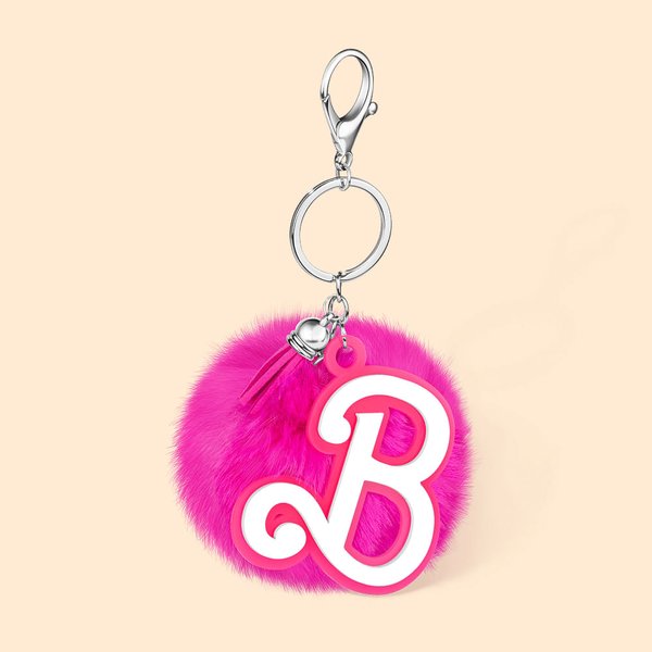 Personalized Pink and white Fur Fluffy Pom Pom Keychain Bag Charm with Fashion Initial and Tassels Birthday Holiday Gift for Women